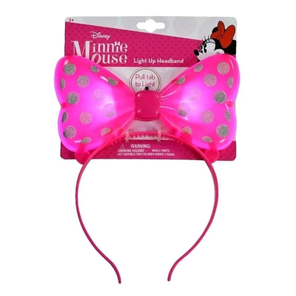 Disney Minnie Mouse Light Up Headband PINK 3 Light Settings Silver Glitter New